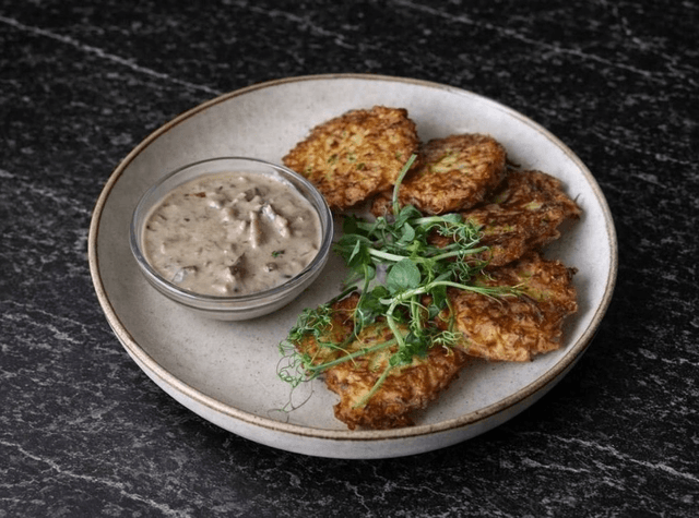 Crispy Potato Pancakes with Wild Mushroom Sauce