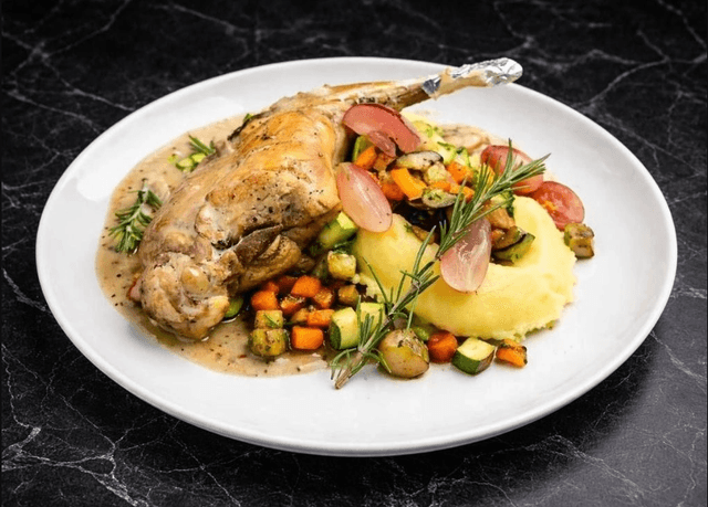 Braised Rabbit Leg with Velvet Mash & Sautéed Vegetables